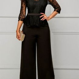 Women's Jumpsuits Rompers Elegant Sexy Women Long Sleeve Lace Patchwork Jumpsuit Loose Trousers Wide Leg Pants Holiday Black Overalls 220929