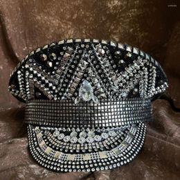 Berets Women Wedding Bride Captain Hat With Luxury Rhinestone Black Octagonal Sergeant Hen Festival Birthday Part