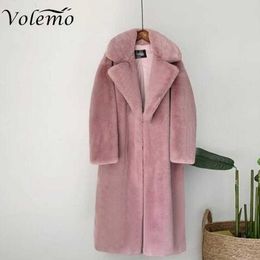 Faux Fur Volemo 2022 New Women Winter Warm Coat Thick Long Turn Down Collar Casaco Feminino Y2209