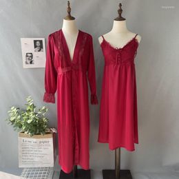 Women's Sleepwear Casual Nightwear Sexy Nightgown Women 2PCS Robe Set Spring Kimono Bathrobe Gown Soft Intimate Lingerie Loungewear