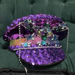 Berets Women Sequin Burning Octagonal Hat Captain Sergeant Luxury Yacht Week Rhinestone Rave Festival Bachelorette Part