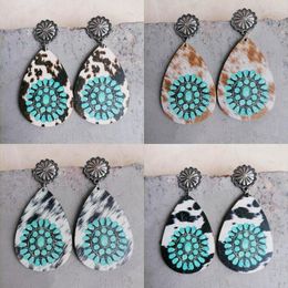 Dangle Earrings Animal Fur Print Turquoise Concho Wood Teardrop For Women Vintage Wooden Western Wholesale