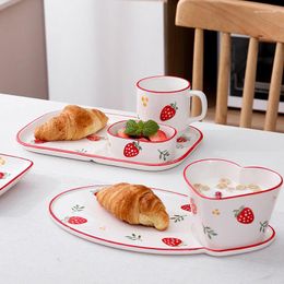 Plates INS Ceramic Bowl Cute Hand-Painted Strawberry Milk Cereal Salad Mug Breakfast And Dish Set