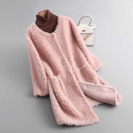 Faux Fur 2022 New Single Breasted O-Neck Weave Real Natural Wool Coat Winter Jacket Women Loose Thick Warm Fashion Streetwear Y2209