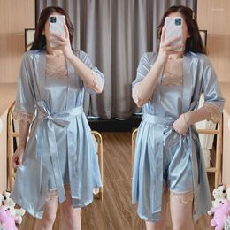 Home Clothing Lace PJS Set Women Sleepwear Pyjamas Satin Nightgown Kimono Bathrobe Gown Loose Intimate Lingerie Lounge Wear Clothes