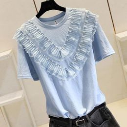 Women's T Shirts Women's T-Shirt Summer Beaded Lace Women T-Shirts Design 2022 O-Neck Short-Sleeved Elegant Female Pulls Tops