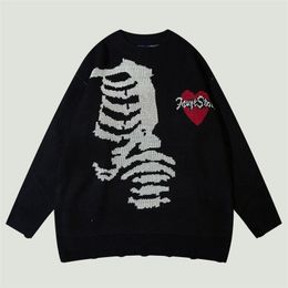 Men's Sweaters High Street Hip Hop Knitted Men Harajuku Vintage Skeleton Heart Graphic Jumper Oversized Casual Pullovers Unisex Autumn 220930