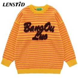 Men's Sweaters LENSTID Autumn Men Striped Point Knitted Hip Hop Letter Embroidery Jumper Streetwear Harajuku Fashion Casual Pullovers 220930