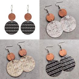 Dangle Earrings BOHO Pattern Feather Print Cork Leather Circle For Women Herringbone With Wood Top Boutique Jewelry