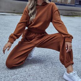 Running Sets 2022 Fashion Waffle 2 Pieces Female Set Women Tracksuit Sport Suit Casual Outfit Long Sleeve Crop Top Hoodie Pants Streetwear