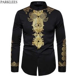 Men's Casual Shirts African Long Sleeve Metallic Gold Printed Mandarin Collar Traditional Ethnic Festival Wedding Dashiki 220930