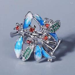 Cluster Rings Exquisite 925 Silver Flower Ring Colour Zircon Blue Small Elegant Ladies Wedding Party Jewellery