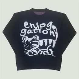 Men's Sweaters Oversized Knitted Cartoon Cat Letter Printed Jumper Streetwear Harajuku Casual Cotton Warm Pullover Unisex Black 220930