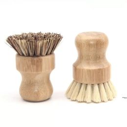 Round Wood Brush Handle Pot Dish Household Sisal Palm Bamboo Kitchen Chores Rub Cleaning Brushes RRB15935