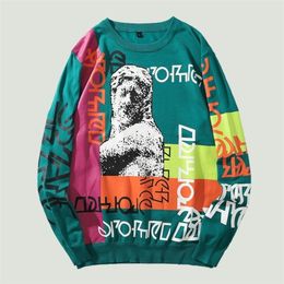 Men's Sweaters High Street Vintage Knitted Sweater Men Harajuku Statue Graffiti Printed Hip Hop Loose Casual Pullover Unisex Tops 220930