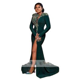 Glitter Hunter Green Evening Dresses Beads Crystal African Prom Gown Side Split Females Celebrity Dress With Long Sleeve 326