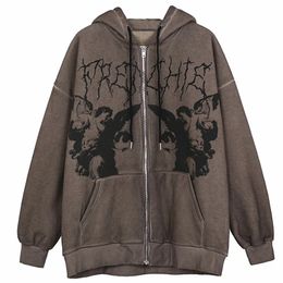 Women's Hoodies Sweatshirts Female Zip Up Long Sleeve Sweatshirt Y2K Aesthetic Gothic Grunge Clothes Vintage Angel Print Oversized 220930