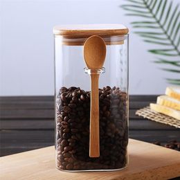 Storage Bottles Jars Japanese Style Square Glass Sealed Jar with Wooden Spoon Seasoning Box Coffee Bean Cans Household Milk Powder Tea 220930