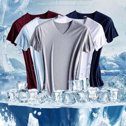 Men's T Shirts Fashion Summer Seamless Breathable Ice Silk T-Shirt Vest Men's Sports Short Sleeve Solid Colour V-neck Tees