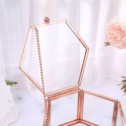 Jewellery Pouches 634D Hexagon Transparent Rose Gold Glass Ring Box Wedding Geometric Organiser