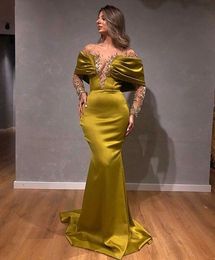 Gold Elegant Evening Dresses Long Sleeves Deep V Neck Lace Appliques Sequins Satin Floor Length High Sexy Plus Size Party Gowns Prom Dress