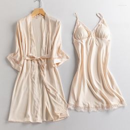 Women's Sleepwear 2PCS Kimono Robe Sets Women Satin Lace V-Neck Bathrobe&Suspender Nightgown Summer Sexy Lingerie Bridal Nightwear