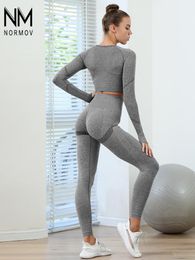 Women's Tracksuits NORMOV Seamless 2 Piece Set Women High Waist Fitness Push Up Trouser Suits Women Elasticity Gym Workout Slim Fashion Sports Sets 220929