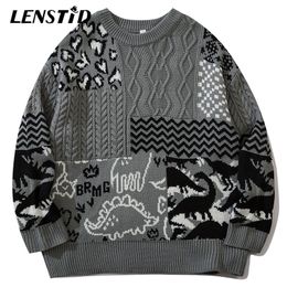 Men's Sweaters LENSTID Men Hip Hop Knitted Jumper Dinosaur Color Block Streetwear Harajuku Autumn Fashion Casual Loose Pullovers 220930