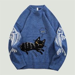 Men's Sweaters Streetwear Cat Embroidery Knitted Sweater Mens Hip Hop Harajuku Casual Loose O-Neck Pullover Couples Fashion Autumn Winter Tops 220930