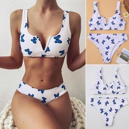 Racing Sets Sexy Butterfly Print V Neck Thong Bikini Women Swimwear Female Swimsuit Set Bathing Suit Swim