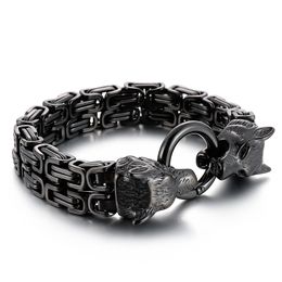 Heavy Biker Wolf Head Clasp Double Byzantine Chain Bracelet Mens Cool Bangle Stainless Steel Jewelry for Father .husband .friends Gifts 7mm 8.66 Inch