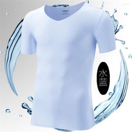 Men's Tank Tops 2 Pieces Summer Men's Ice Silk T-shirt Vest V-neckwuhen Non-marking Sports Fitness Sleeveless Bottoming Shirt