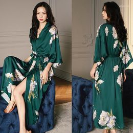 Women's Sleepwear Print Nightwear Women Satin Kimono Robe Gown Nightdress Loose Intimate Lingerie Sexy Flower Nightgown Lounge Wear