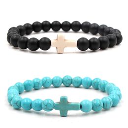 8mm Black Matte Turquoise Beads Bracelet Bangles Cross Charm Blue Beaded Men Bracelets for Women Yoga Jewellery