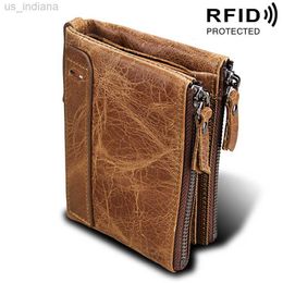 Wallets Genuine Cow Leather RFID Men Wallets Double Zipper Short Purses Card Holder Coin Pocket Vintage High Quality Brand Male Wallets L220929