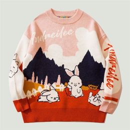 Men's Sweaters Knitted Hip Hop Cartoon Cute Rabbit Graphic Pullovers Streetwear Harajuku Loose Casual O-Neck Jumper Unisex 220930