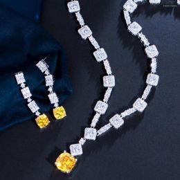 Necklace Earrings Set CWWZircons Classic Square Cut Yellow Cubic Zirconia Stone Wedding Dubai Nigerian CZ Bridal T591