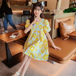 Girl Dresses Maiden Summer Dress 2022 Square Collar Puff Sleeve Yellow Flower Printed Knee Length Fashion Cute Loose Casual Frock