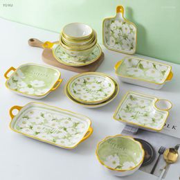 Plates Ceramic Glazed Flower Whole Tableware Salad Fries Bowl Dishes Dinnerware Set Steak Cutlery Microwave Heating