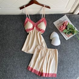 H Home Clothing 2022 Women Satin Lingerie 2PCS PJS Set Sexy Strap Top&short with Lace Pamas Suit Clothes Soft Nightwear Pyjamas