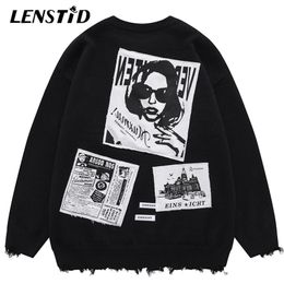 Men's Sweaters LENSTID Autumn Men Knitted Jumper Hip Hop Graphic Patch Design Streetwear Harajuku Fashion Casual Knit Pullovers 220930