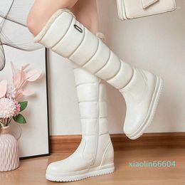 Boots Women Winter Warm Knee High Platform Height Increasing Ladies Snow PU Leather Side Zipper Round Toe