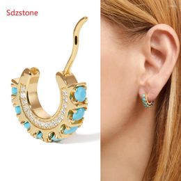 Hoop Earrings 13mm Disc Round Turquoises Vermeil Gold Silver Colour Earring Filled Multi Piercing Blue Stone Small