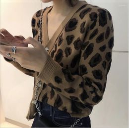 Women's Knits Autumn Women's Sweater Cardigan Leopard Long Sleeve Knitted Smock V-neck Buttons Loose Ladies Casual Jacket