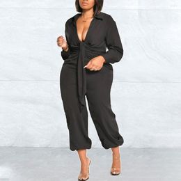 Pants Plus Size Women Solid Colour Lapel Jumpsuit Long Sleeve Playsuit Casual Rompers All Season