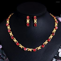 Necklace Earrings Set CWWZircons Glitering Garnet Red Cubic Zirconia Stone Yellow Gold Colour Women Engagement Party Costume Jewellery For