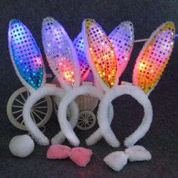 LED Light Flashing Fluffy Rabbit Ears Headband Sequins Headdress Bunny Ears Costume accessory Cosplay Woman Halloween Christmas Party Supply DH4482