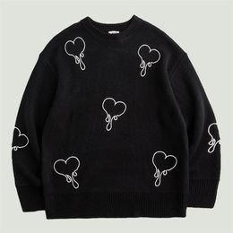 Men's Sweaters Fashion Streetwear Heart Embroidery Knitted Men Hip Hop Harajuku Vintage Casual Oversize Loose O-Neck Pullover Unisex 220930
