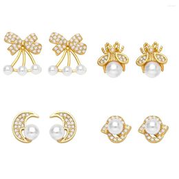 Stud Earrings FLOLA Sweet Girls Cute Cherry Studs White Pearls Copper Zircon Moon Dainty Crystal Jewelry Gifts Ersa015