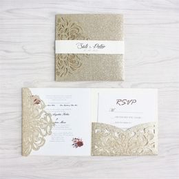Greeting Cards Luxury Gold Wedding Invitation Set With RSVP Envelop Belly Band Tri-Fold Pocket Invite Supply Free Ship 220930